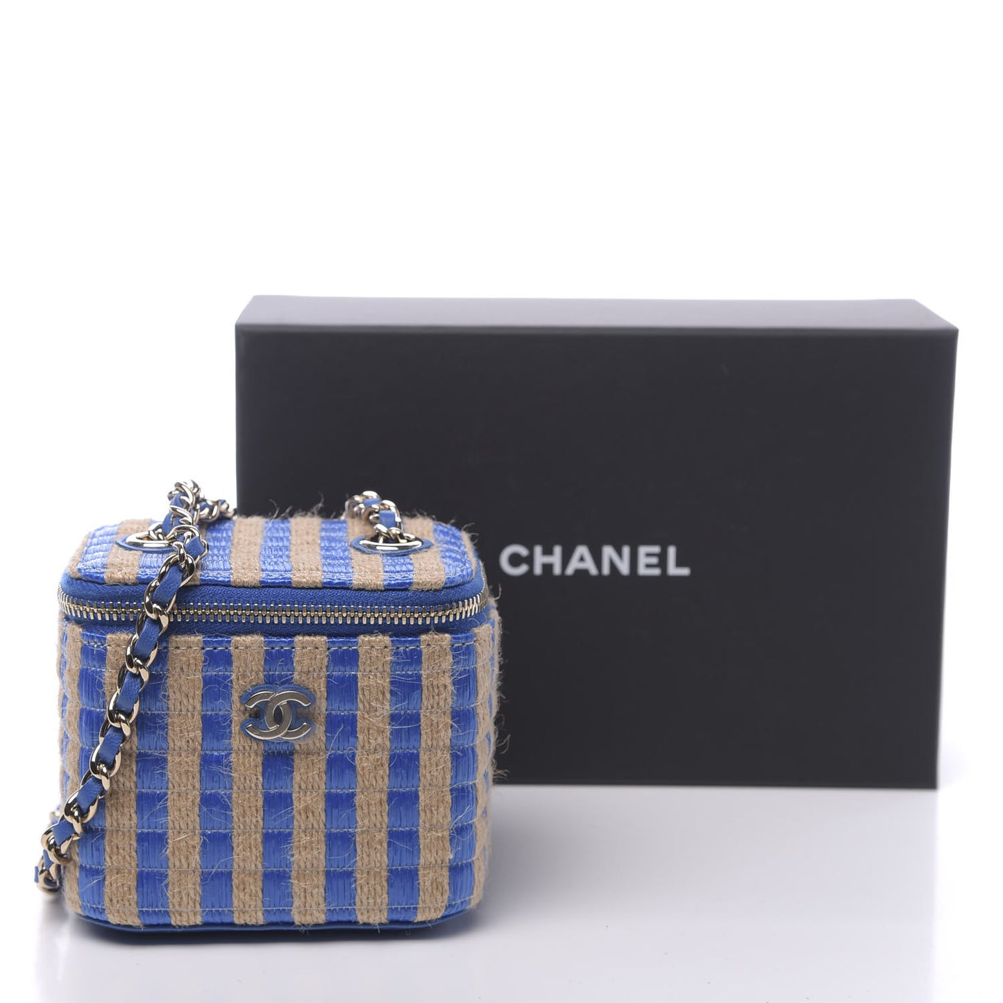 Raffia Jute Striped Mini Vanity Case With Chain Blue Beige