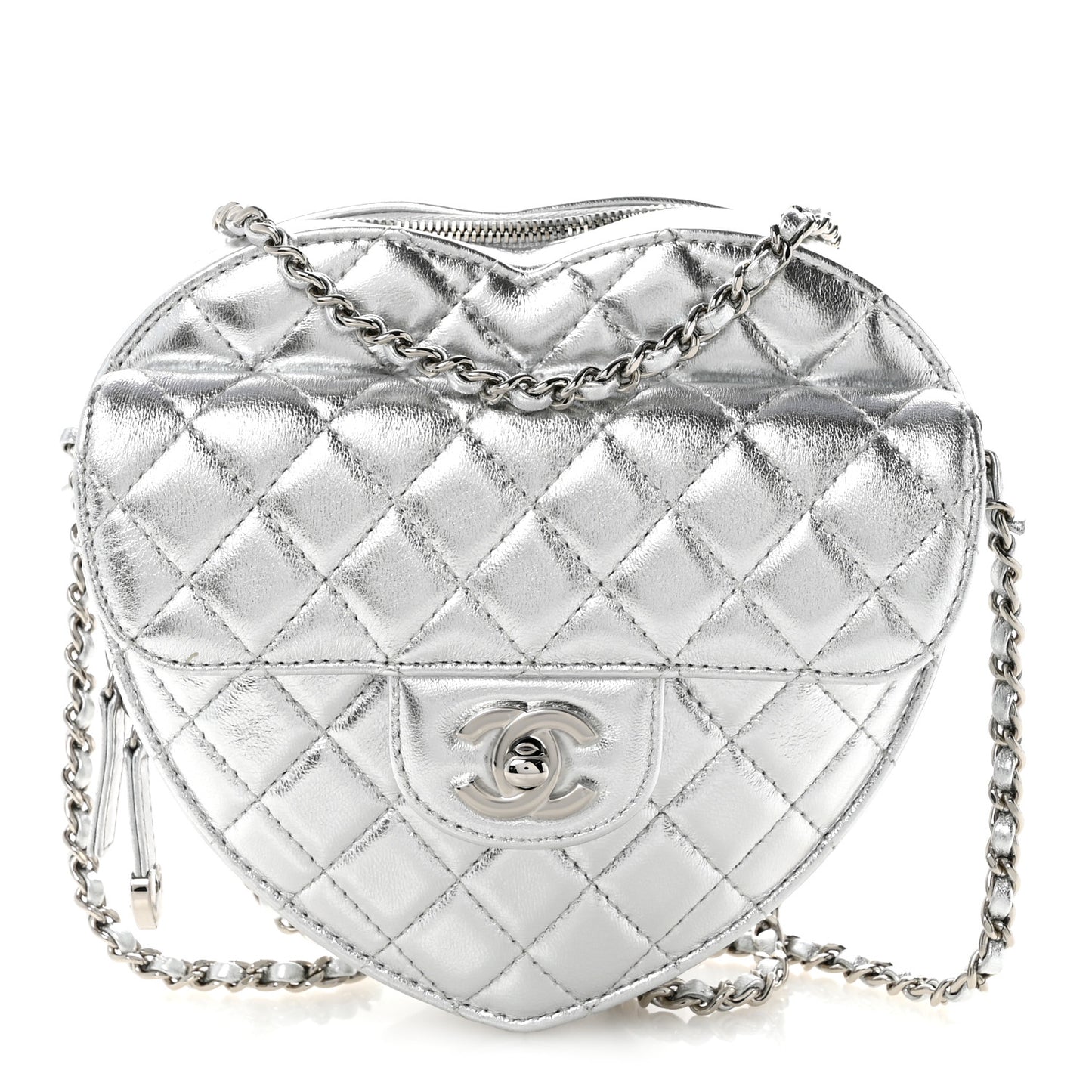 Metallic Lambskin Quilted Large CC In Love Heart Bag Silver