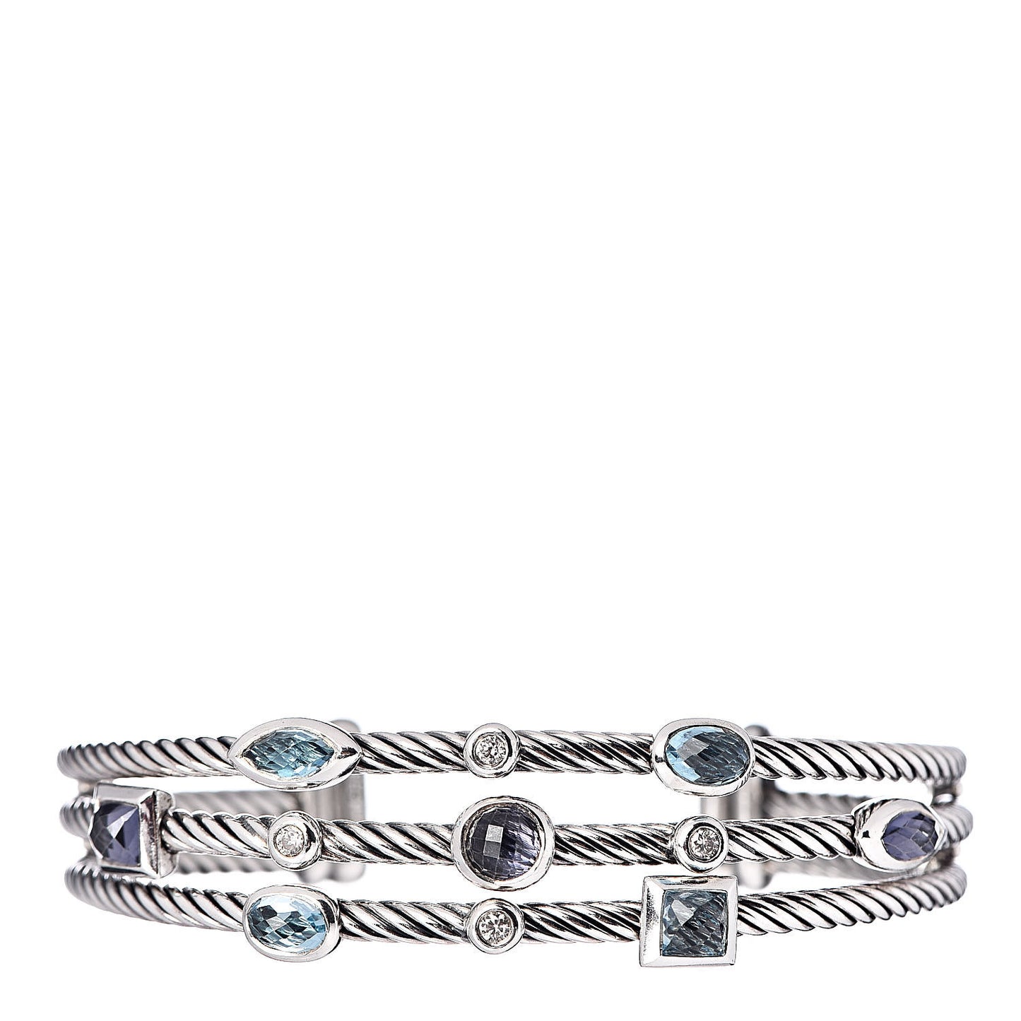 Sterling Silver Blue Topaz Hampton Blue Topaz Iolite Diamond Three Row Confetti Cuff Bracelet