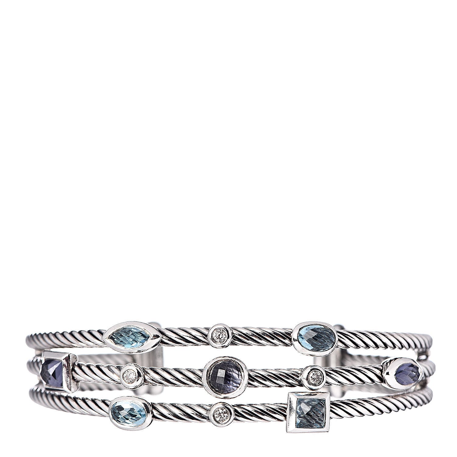 David Yurman Sterling Silver Blue Topaz Hampton Blue Topaz Iolite Diamond Three Row Confetti Cuff Bracelet 1 of 4