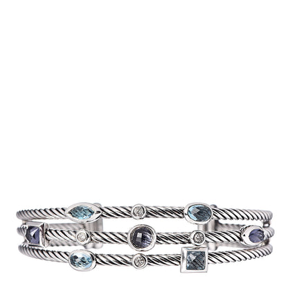 David Yurman Sterling Silver Blue Topaz Hampton Blue Topaz Iolite Diamond Three Row Confetti Cuff Bracelet 1 of 4