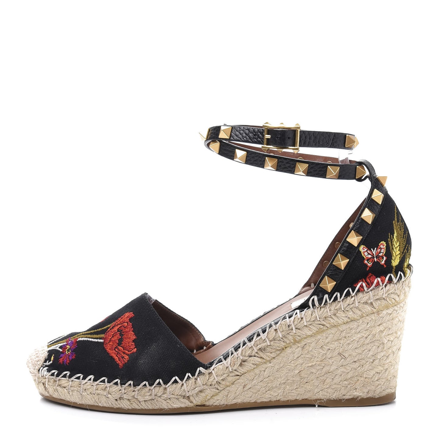 Canvas Poppy Embroidered Rockstud Ankle Wrap Espadrille 15/85mm Wedges 39 Black