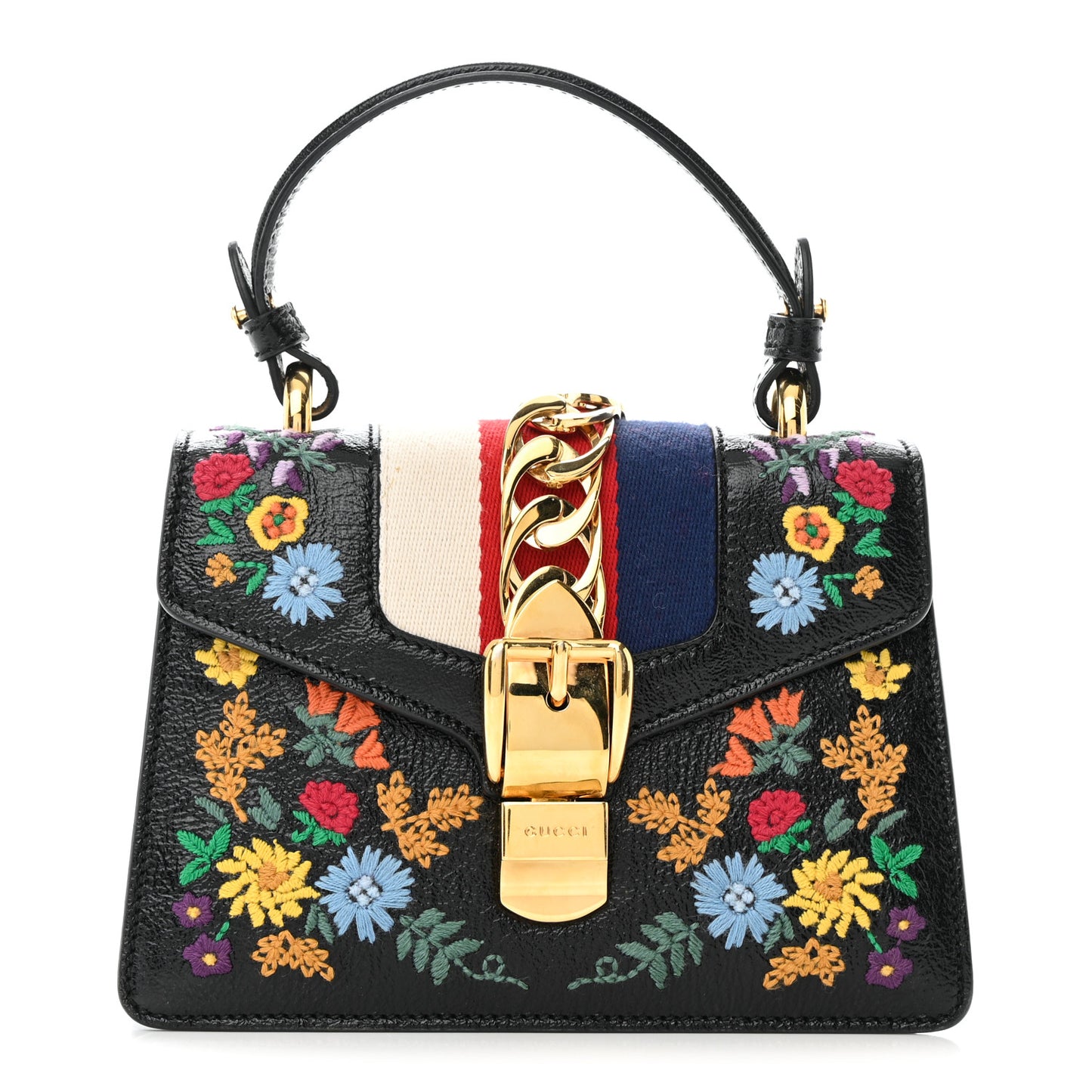 Patent Embroidered Mini Sylvie Top Handle Bag Black