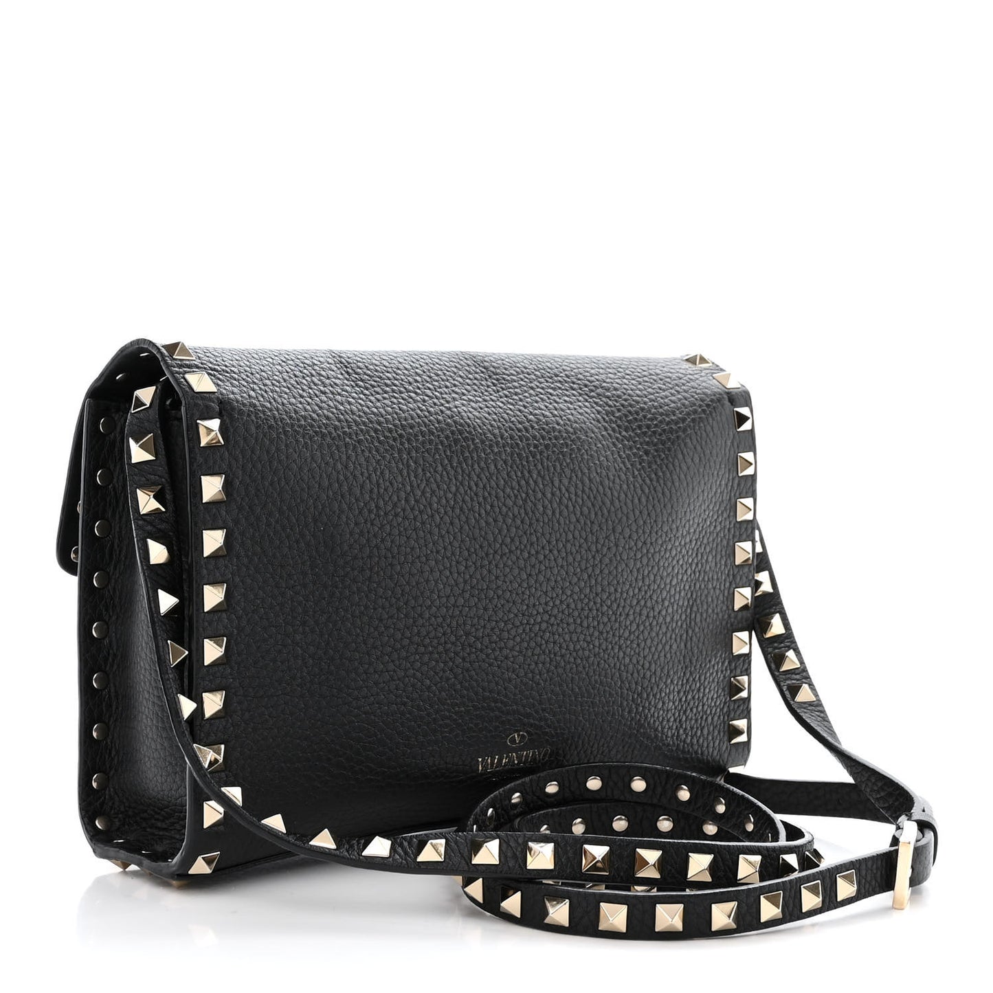 Pebbled Calfskin Medium Rockstud Flip Lock Crossbody Bag Black