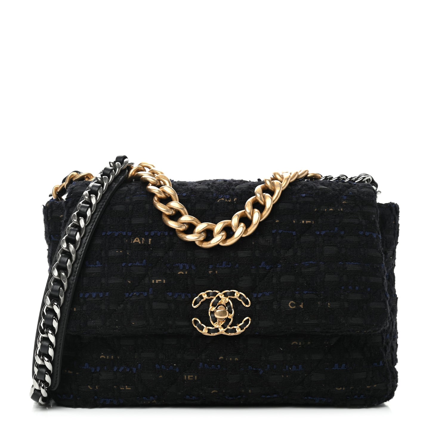 Tweed Quilted Large Chanel 19 Flap Black Navy Gold