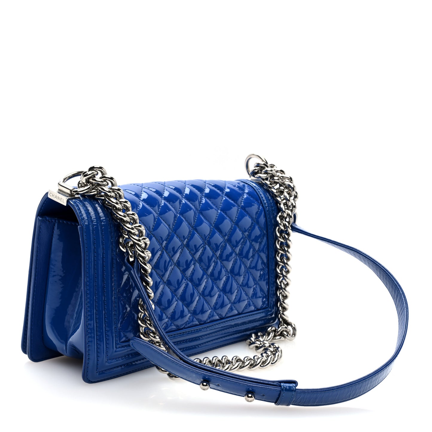 Patent Calfskin Quilted Medium Plexiglass Boy Flap Blue