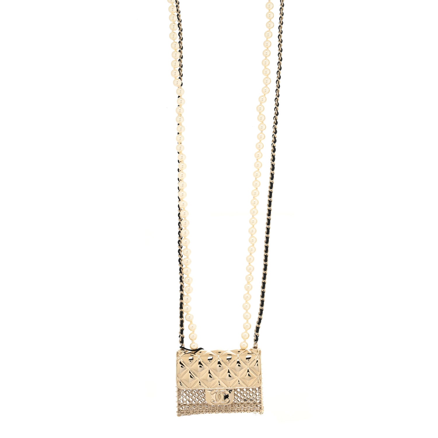 Chanel Metal Lambskin Pearl Chain Flap Bag Long Necklace Gold Black Pearly White 1 of 4