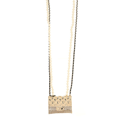Chanel Metal Lambskin Pearl Chain Flap Bag Long Necklace Gold Black Pearly White 1 of 4