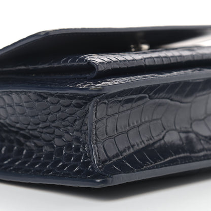 Saint Laurent Calfskin Crocodile Embossed Monogram Sunset Chain Wallet Navy 5 of 13