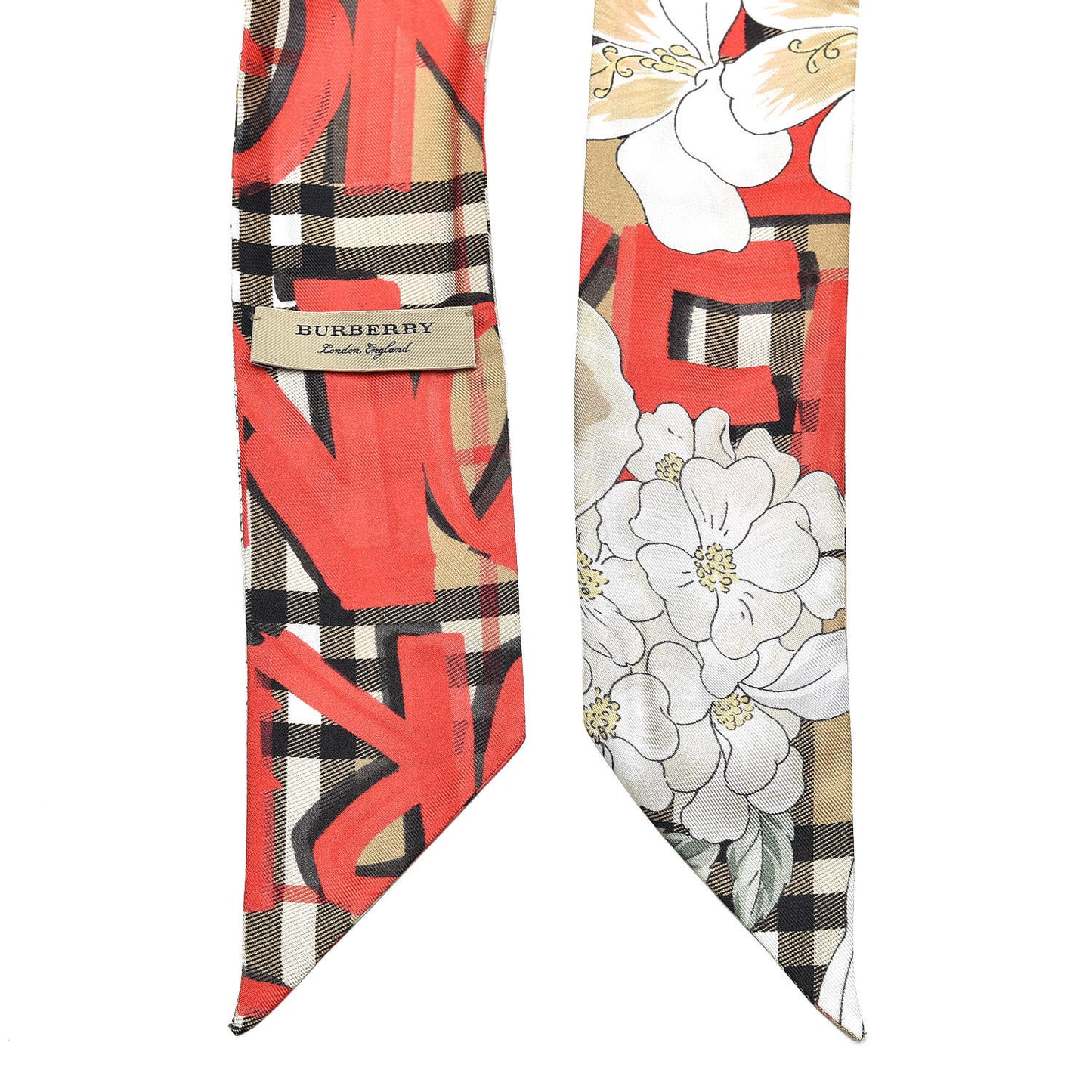 Silk Graffiti Print Floral Ribbon Scarf Bright Red