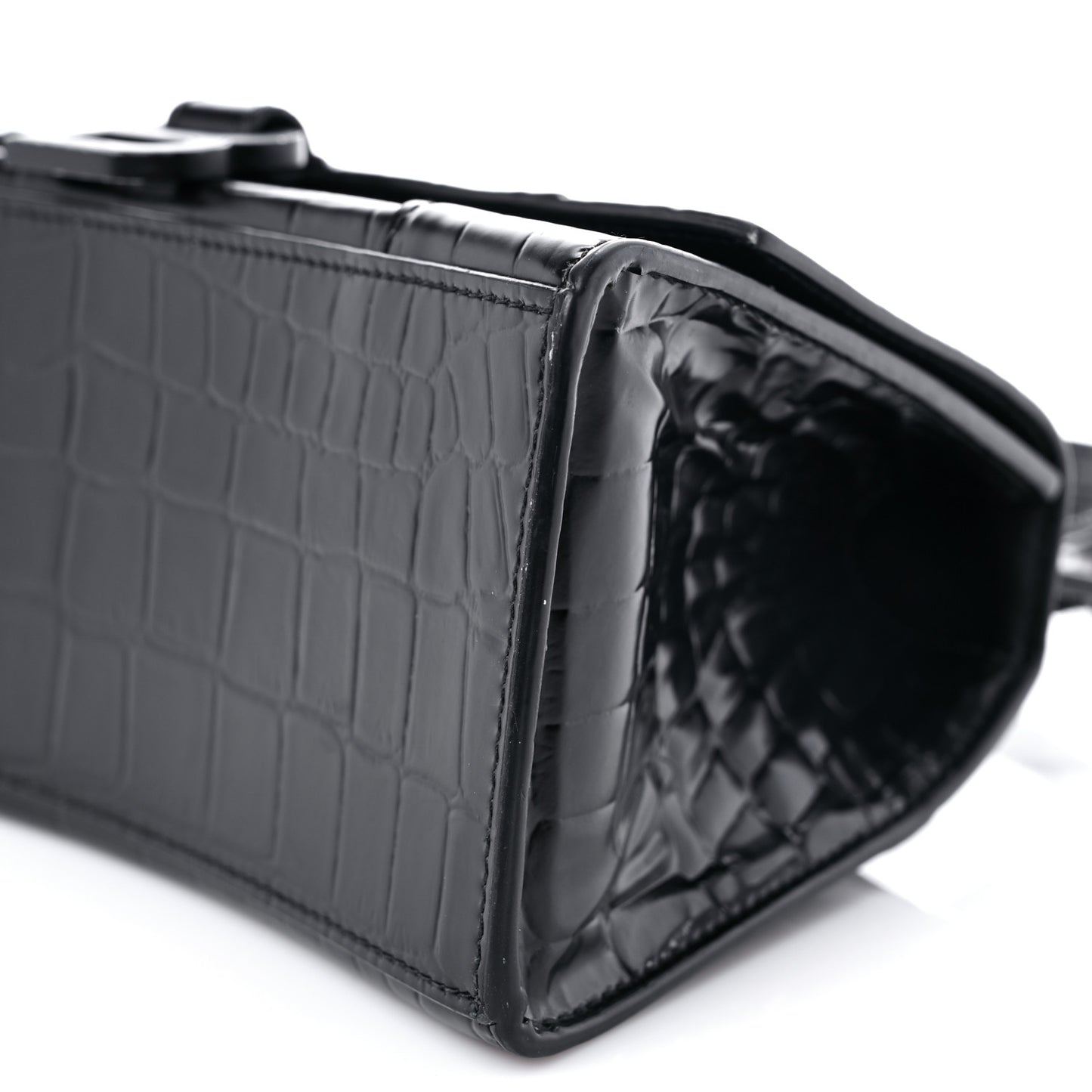Shiny Calfskin Monochrome Crocodile Embossed Small Hourglass Top Handle Bag Black