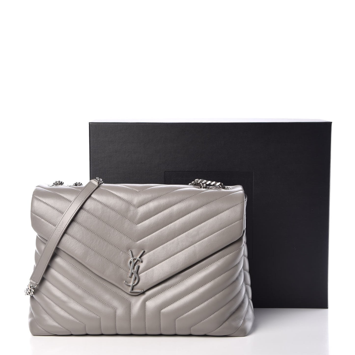 Calfskin Y Quilted Monogram Large Loulou Chain Satchel Light Grey