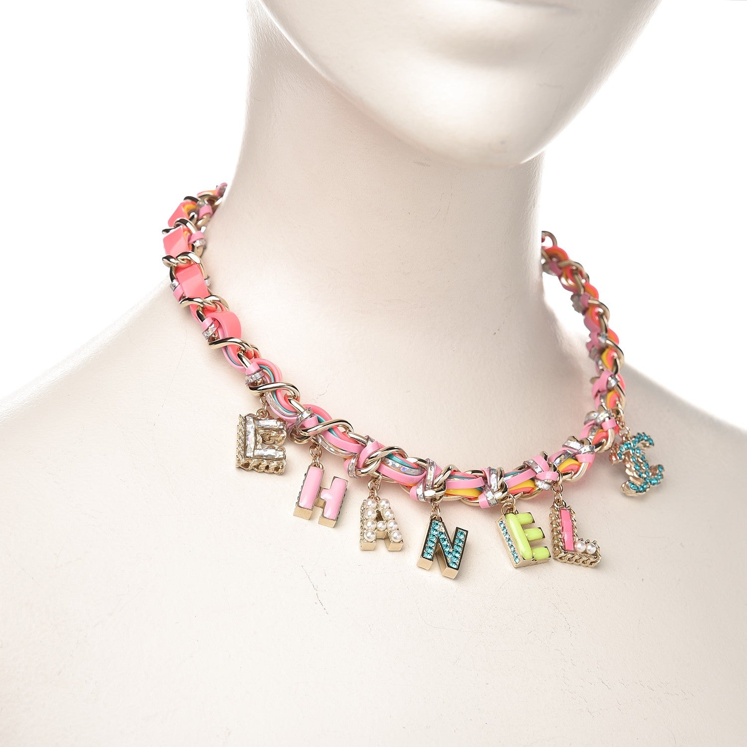 Chanel Metal Strass PVC Enamel CC Chain Link Choker Necklace Gold Blue Pink Yellow 2 of 5