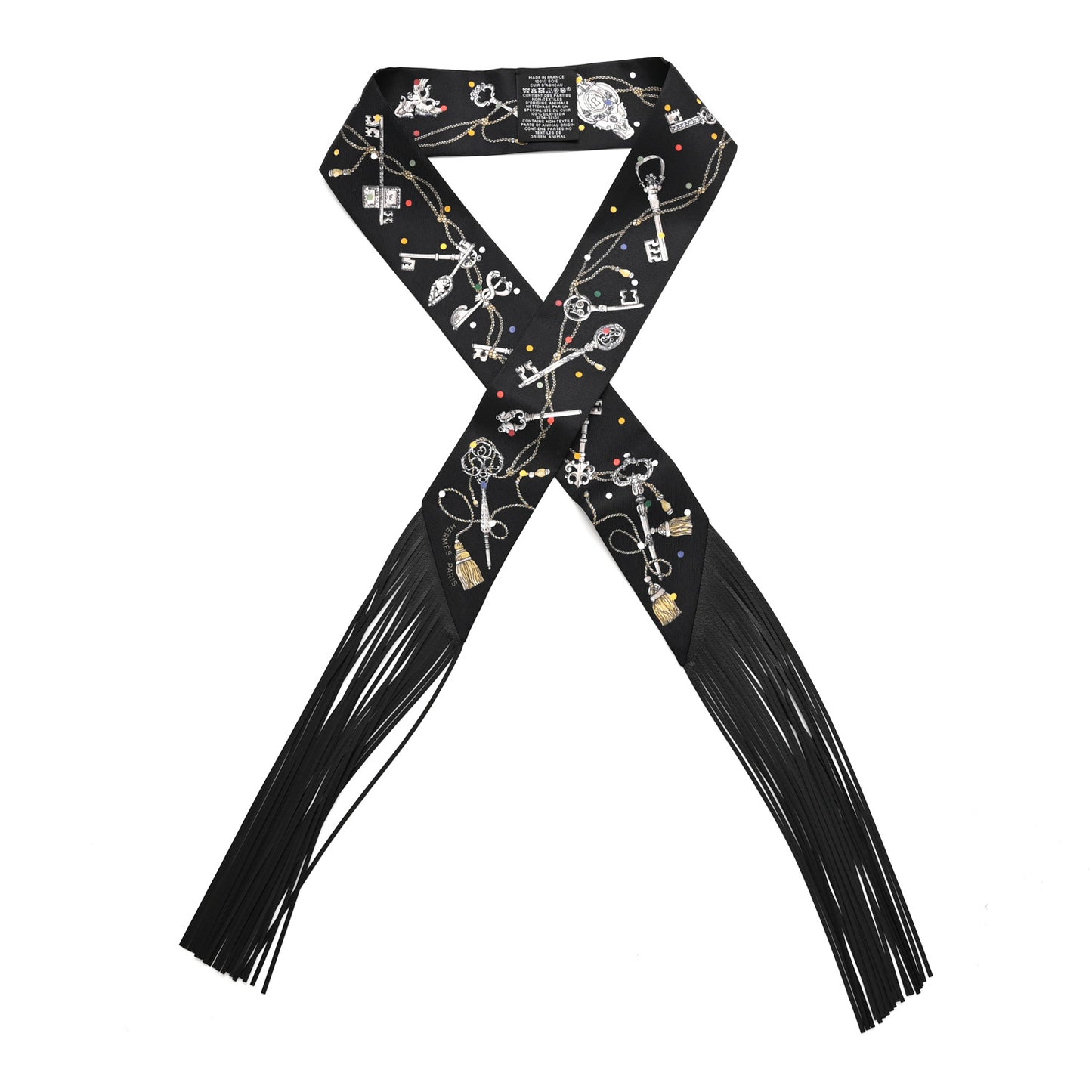 Silk Calfskin Les Cles A Pois Fringed Twilly Black Mordoré White