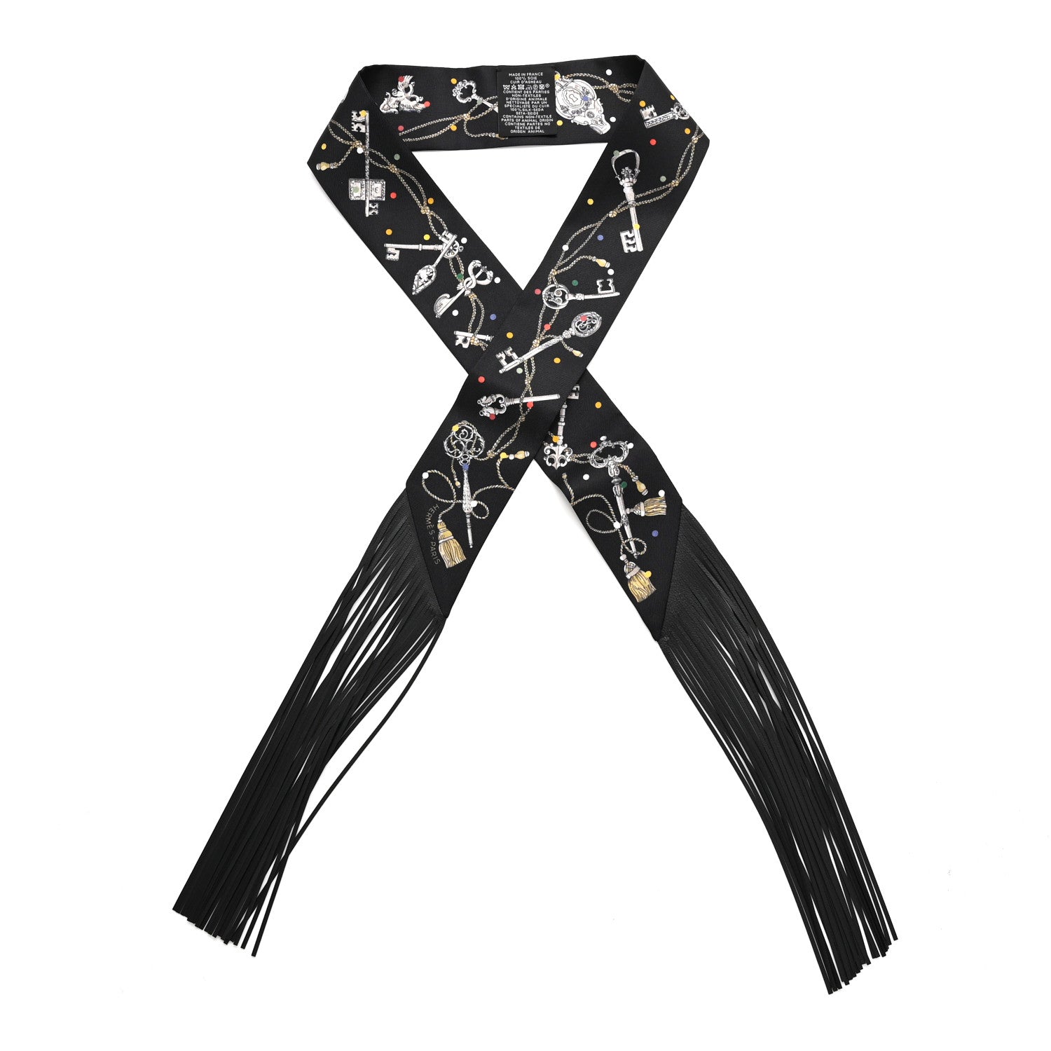 Hermes Silk Calfskin Les Cles A Pois Fringed Twilly Black Mordoré White 1 of 4