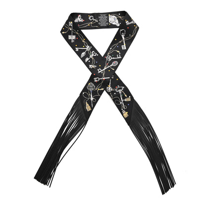Hermes Silk Calfskin Les Cles A Pois Fringed Twilly Black Mordoré White 1 of 4