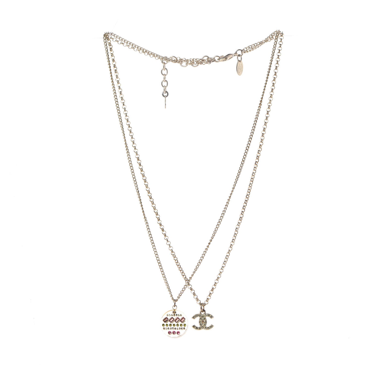Chanel Resin Crystal CC Necklace Light Gold Pink Green 3 of 7