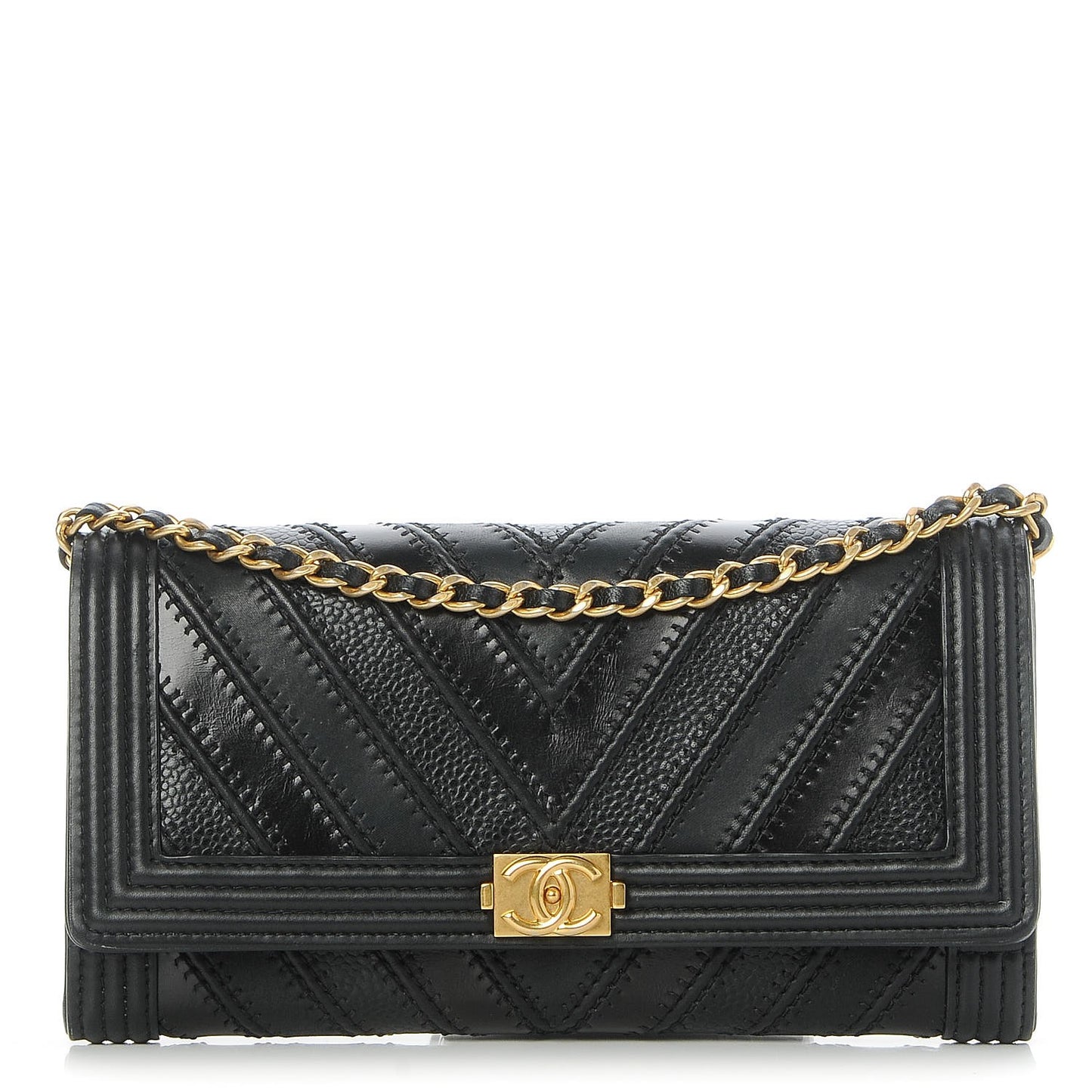 Calfskin Caviar Quilted Chevron Mixed Boy Wallet On Removable Chain Black
