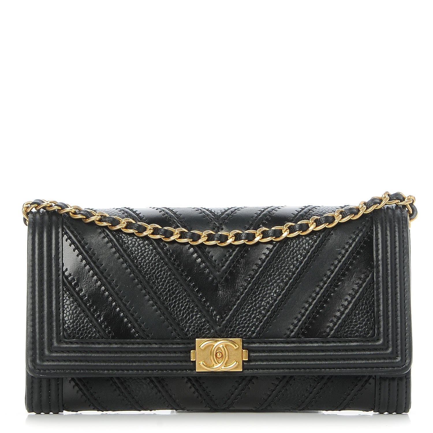 Chanel Calfskin Caviar Quilted Chevron Mixed Boy Wallet On Removable Chain Black 1 of 9