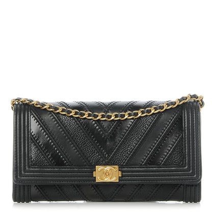 Chanel Calfskin Caviar Quilted Chevron Mixed Boy Wallet On Removable Chain Black 1 of 9