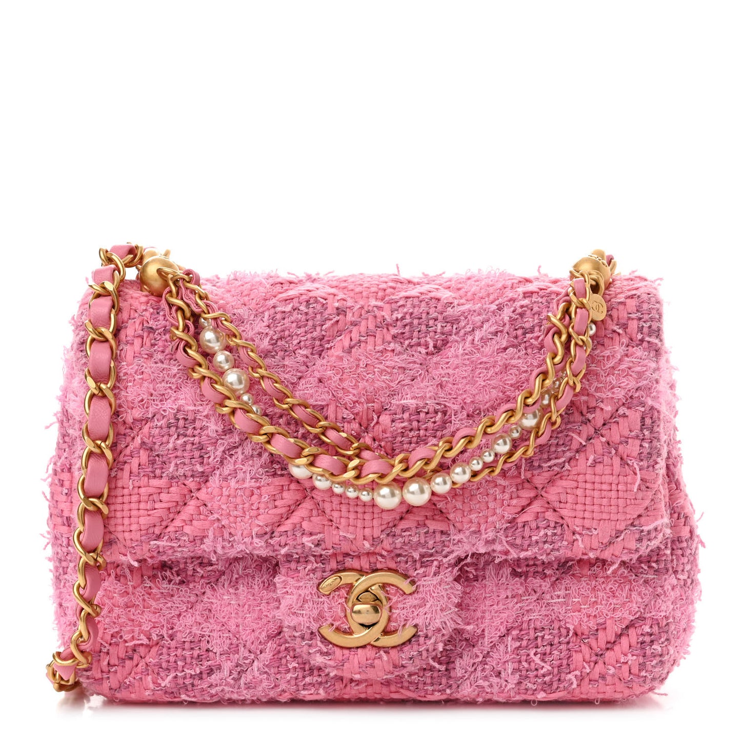 Tweed Quilted Pearl Twist Mini Square Flap Pink Dark Pink