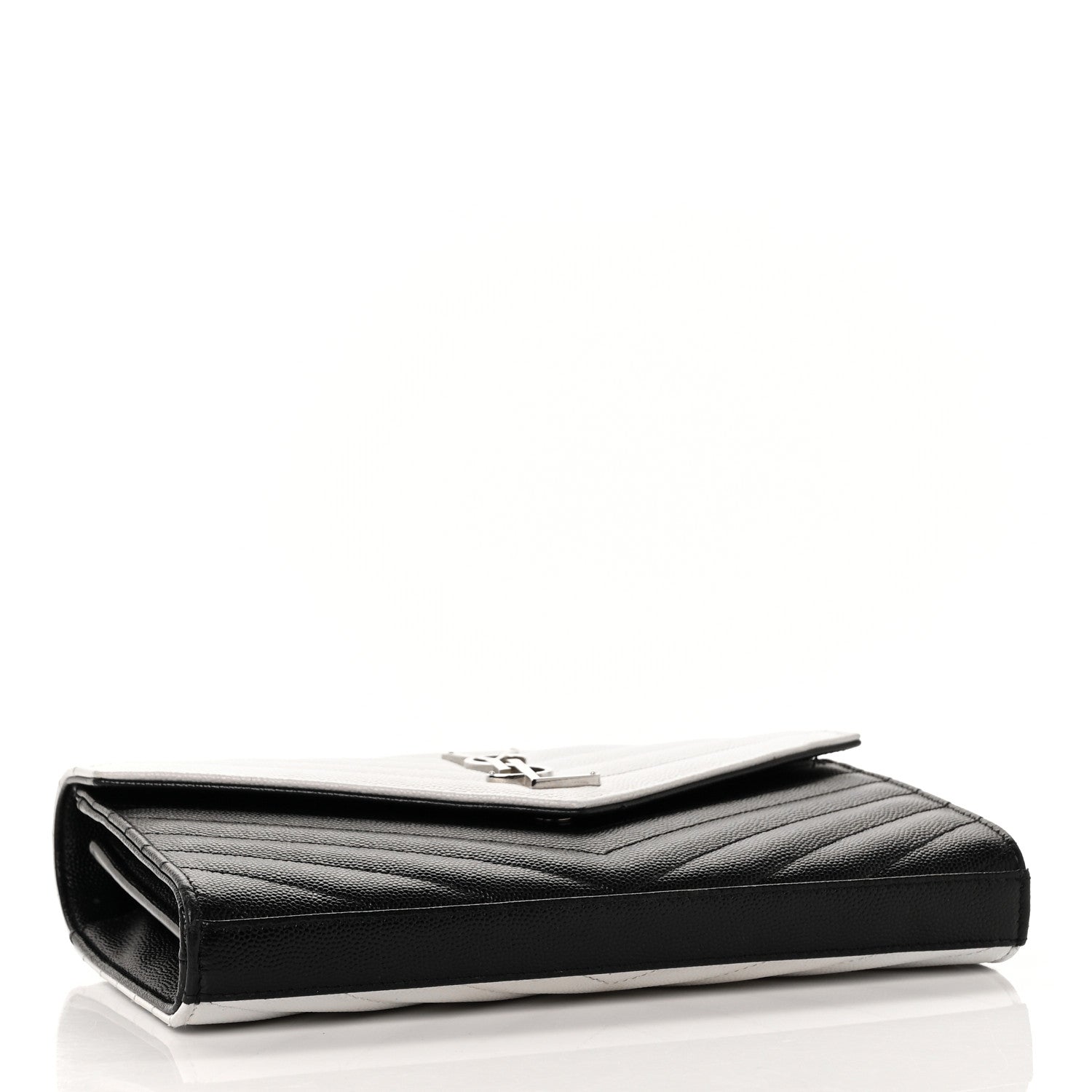 Saint Laurent Grain De Poudre Matelasse Chevron Bi-Color Monogram Chain Wallet White Black 4 of 10