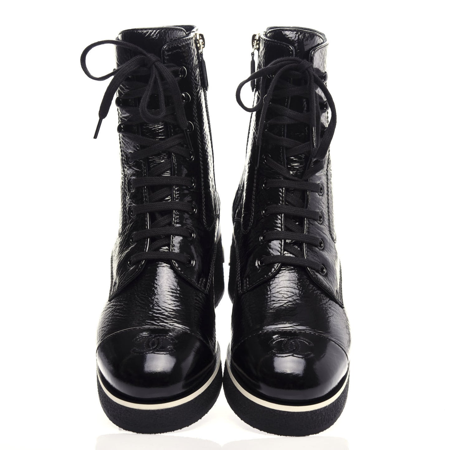 Shiny Crumpled Lambskin Lace Up Combat Boots 42 Black