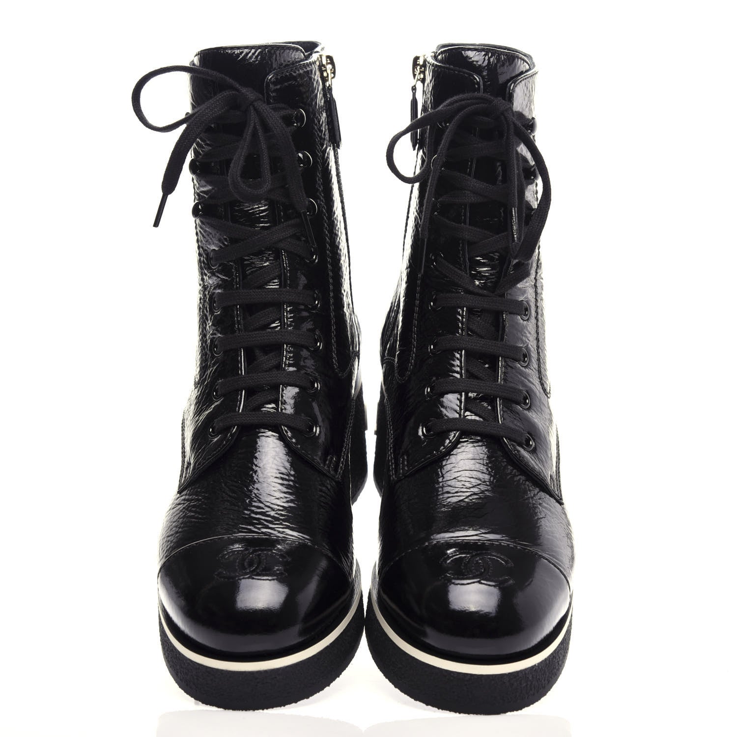 Chanel Shiny Crumpled Lambskin Lace Up Combat Boots 42 Black 5 of 11