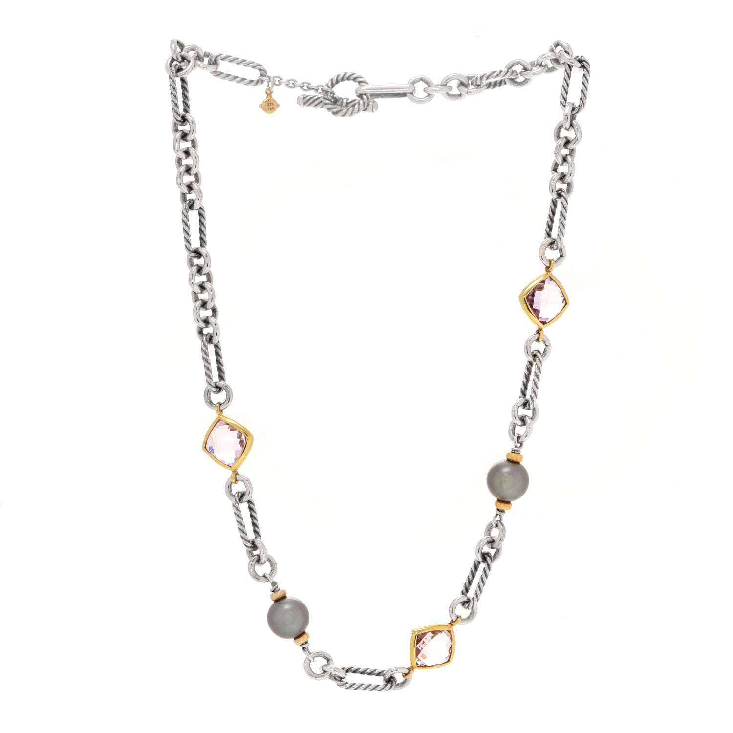 David Yurman Sterling Silver 18K Yellow Gold Amethyst Pearl Figaro Chain Necklace 3 of 8