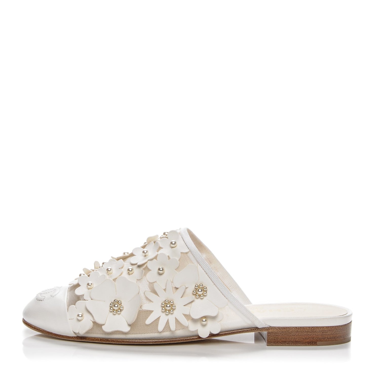Lambskin Mesh Flower Pearl CC Mules 37.5 White