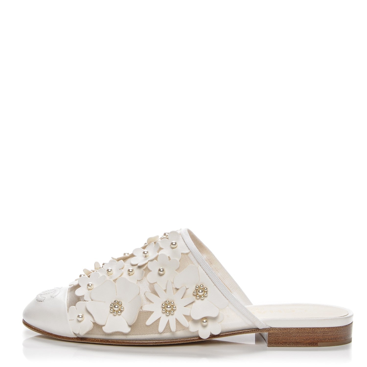 Chanel Lambskin Mesh Flower Pearl CC Mules 37.5 White 1 of 7