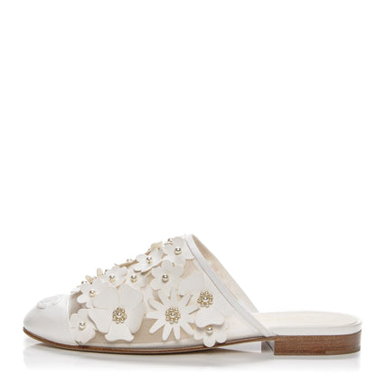 Chanel Lambskin Mesh Flower Pearl CC Mules 37.5 White 1 of 7