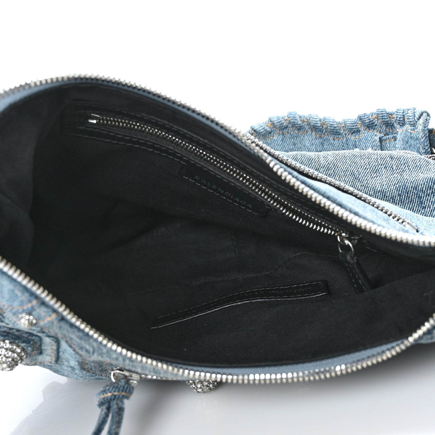Washed Frayed Denim Crystal Small Le Cagole Shoulder Bag Blue