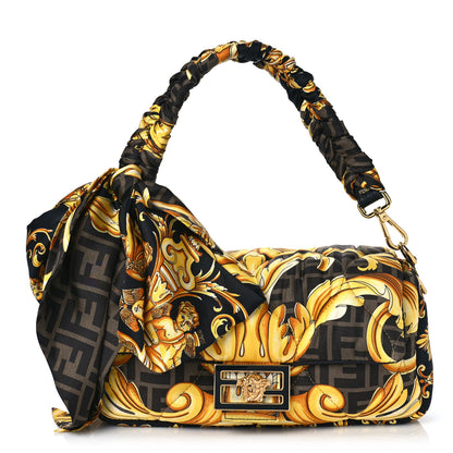 Fendi X VERSACE Silk Fendace FF Baroque Quilted Scarf Baguette Black Gold 1 of 8