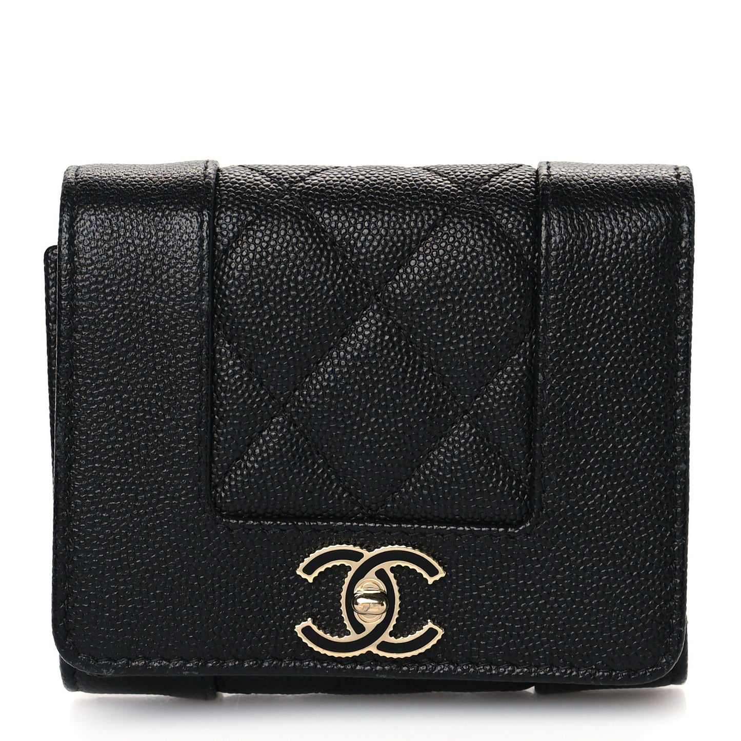 Caviar Quilted Mademoiselle Vintage Compact Flap Wallet Black