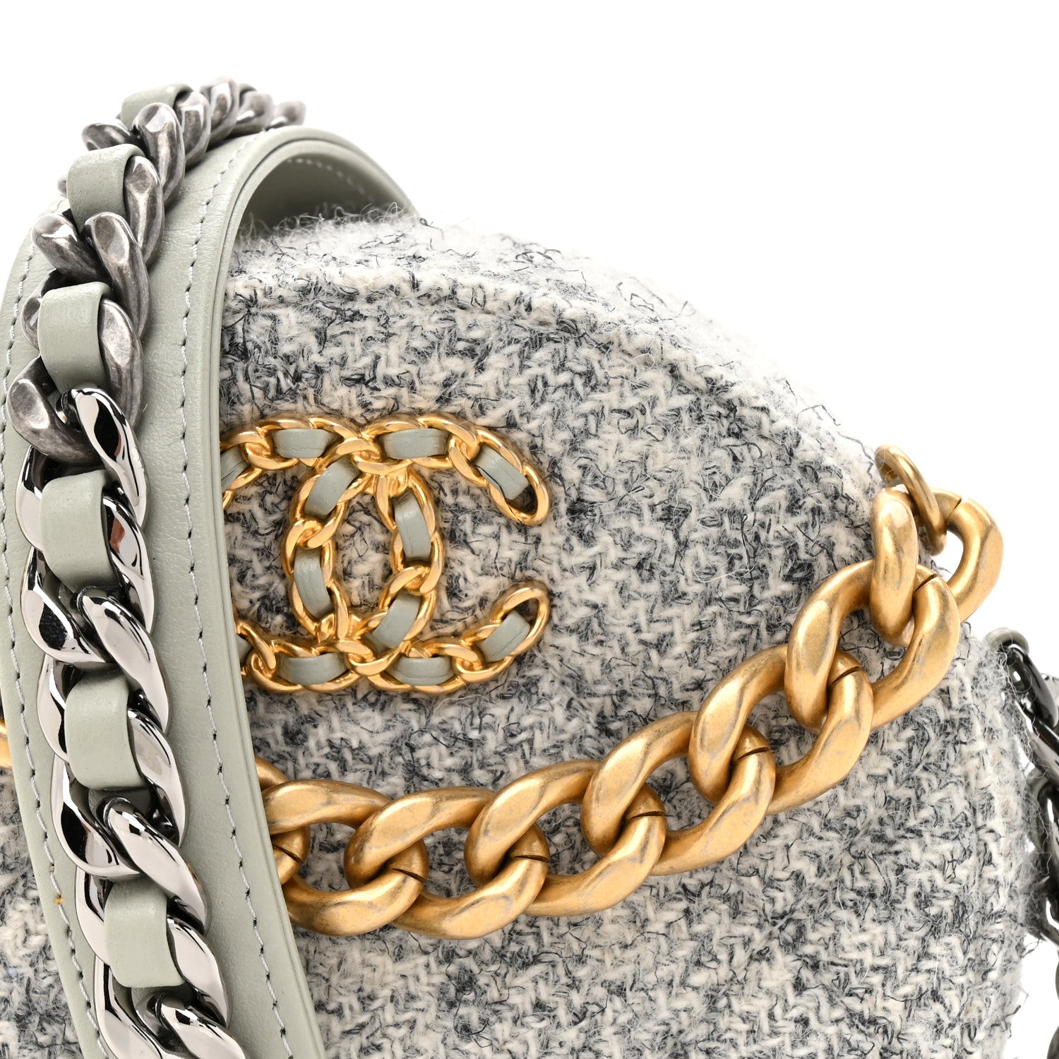 Chanel Wool Tweed Lambskin Quilted Chanel 19 Round Clutch With Chain Grey Ecru 8 of 10