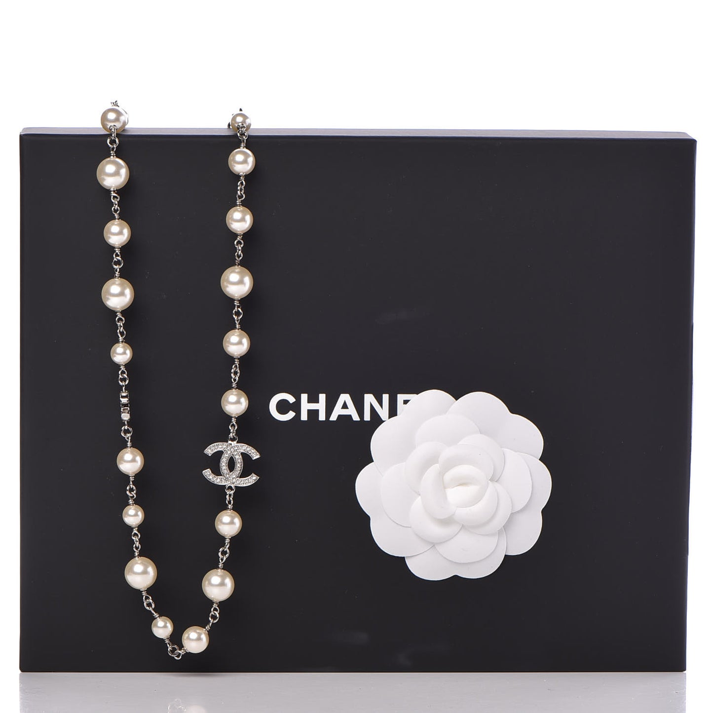 Crystal Pearl CC Long Necklace Silver