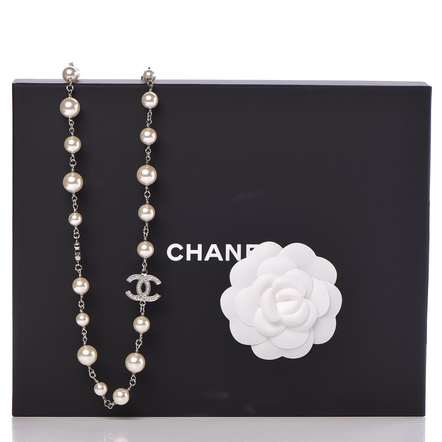 Chanel Crystal Pearl CC Long Necklace Silver 6 of 6