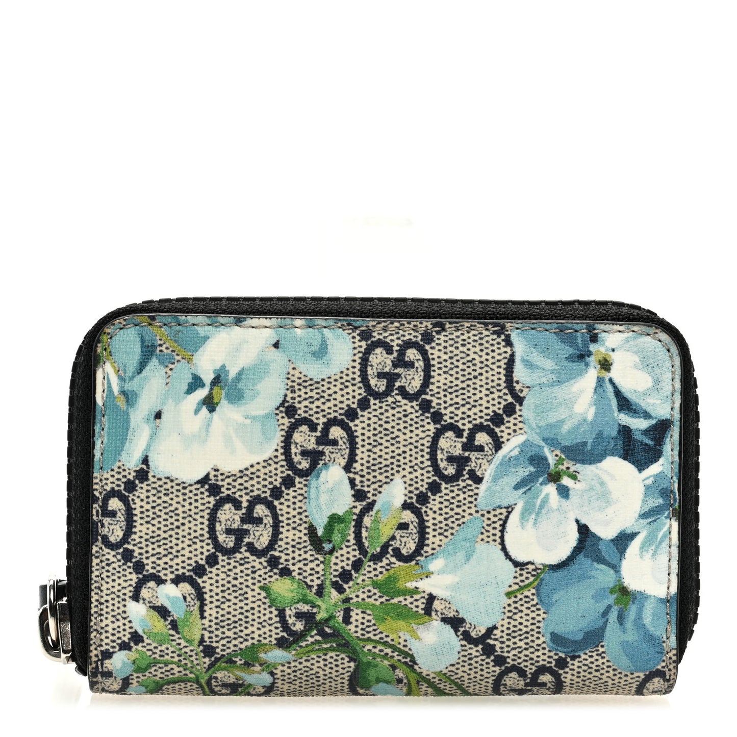 GG Supreme Monogram Blooms Zip Around Card Case Wallet Beige Blue Navy