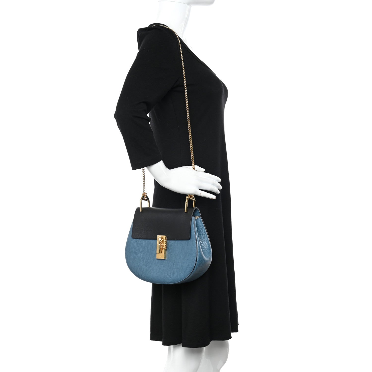 Chloe Grained Calfskin Lambskin Mini Bi-Color Drew Shoulder Bag Blue Black 2 of 10