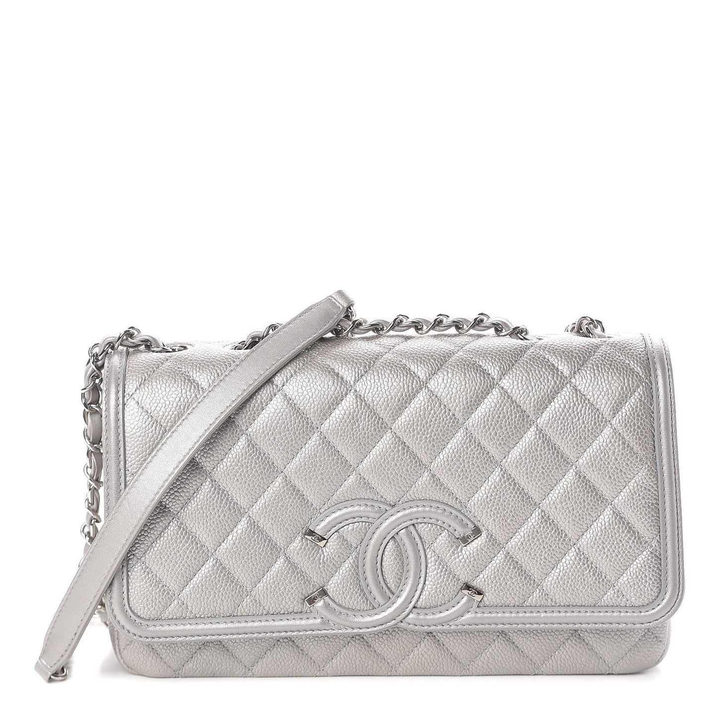 Metallic Caviar Quilted Medium CC Filigree Flap Silver