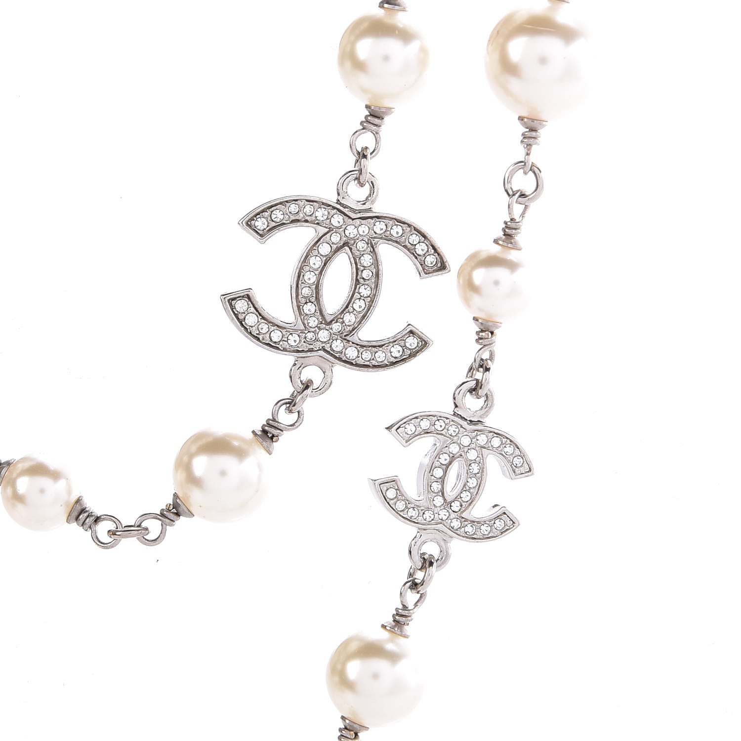 Chanel Crystal Pearl CC Long Necklace Silver 4 of 6