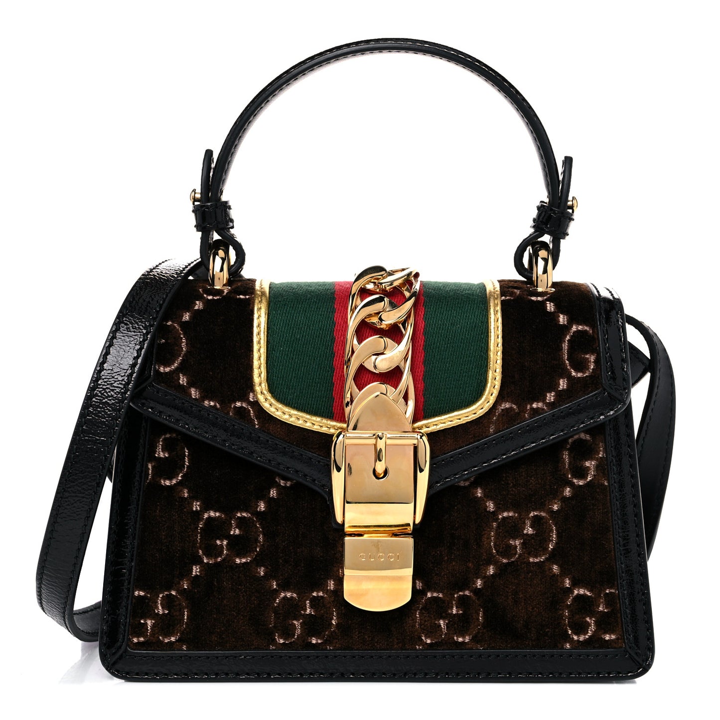Velvet GG Monogram Web Mini Sylvie Top Handle Bag Brown Black Oro Vecchio