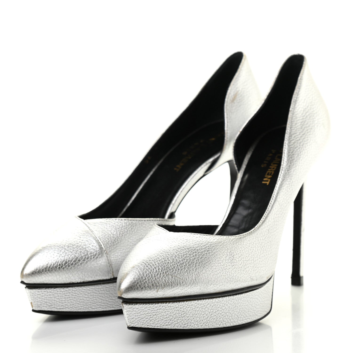 Saint Laurent Metallic Grained Calfskin Janis 105 D'Orsay Pumps 36.5 Argento 3 of 18