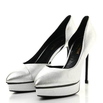 Saint Laurent Metallic Grained Calfskin Janis 105 D'Orsay Pumps 36.5 Argento 3 of 18