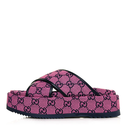 Gucci Monogram Multicolor Criss Cross Platform Slide Sandals 37 Pink Blue 1 of 9