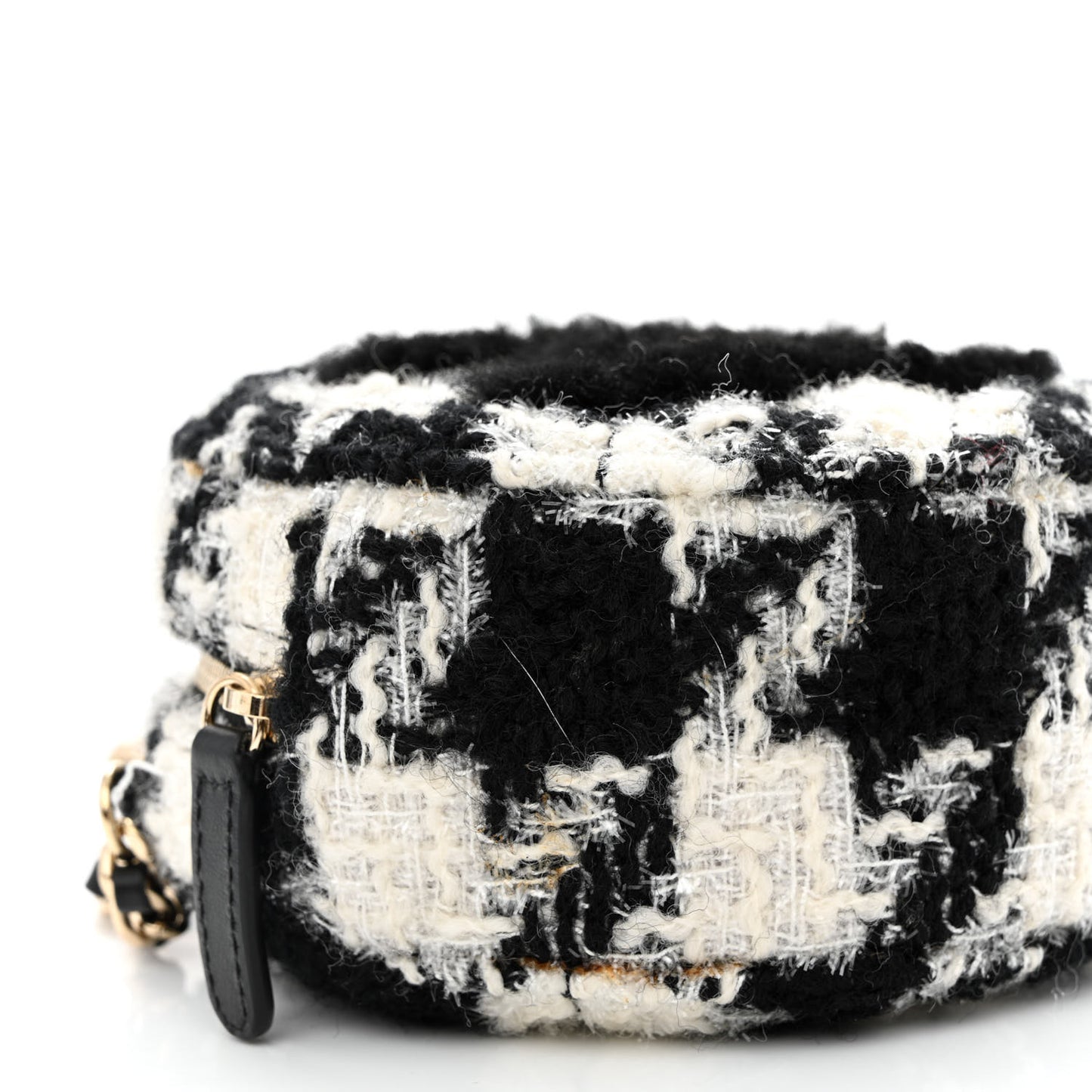 Tweed Shearling Round Clutch With Chain and Coin Purse Black and White