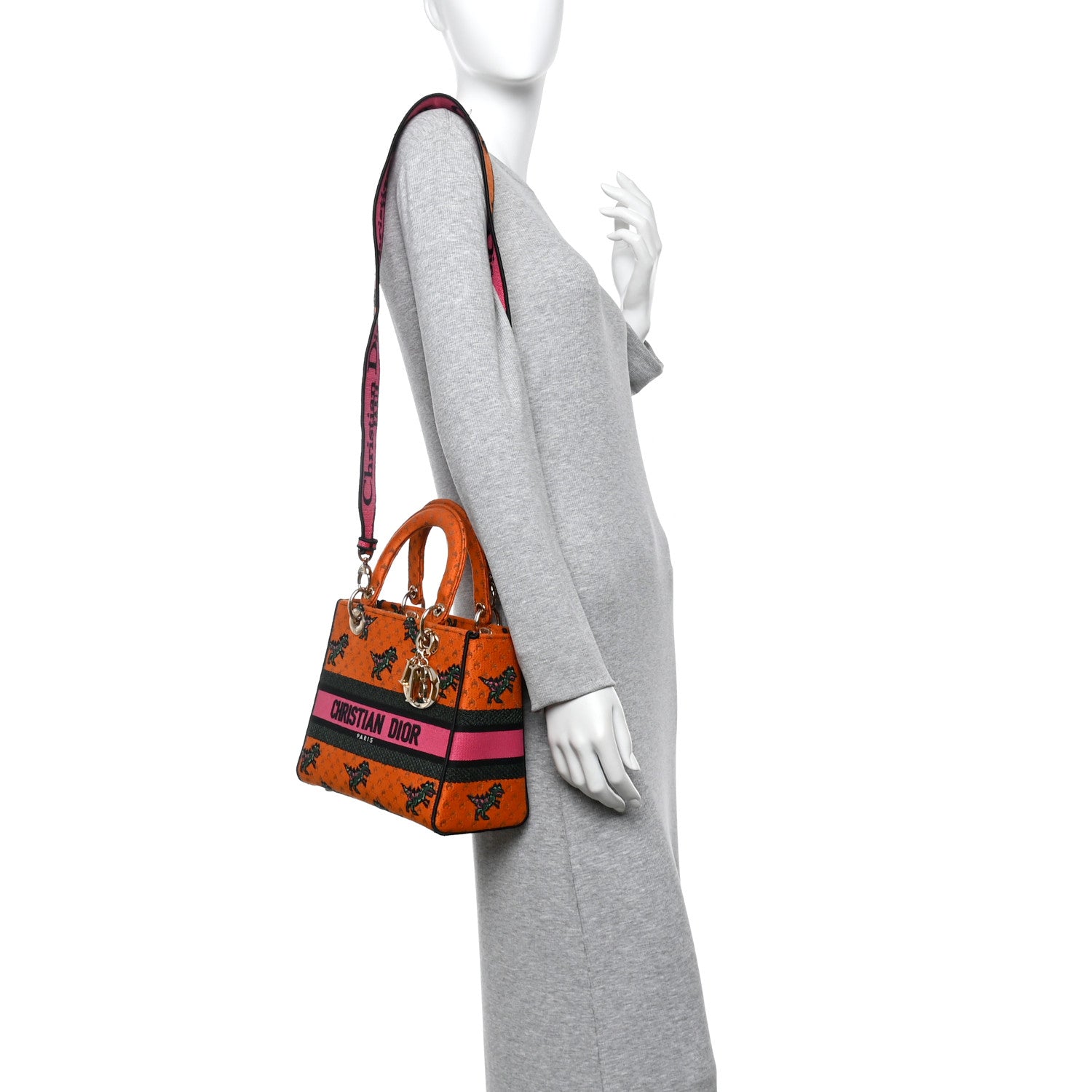 Christian Dior Canvas Embroidered Dino Medium Lady D-Lite Orange