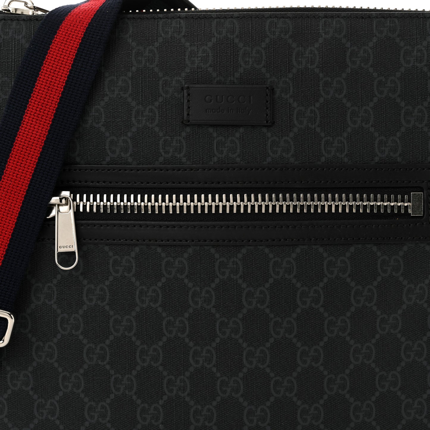 GG Supreme Monogram Appia Calfskin Web Flat Messenger Bag Black Grey