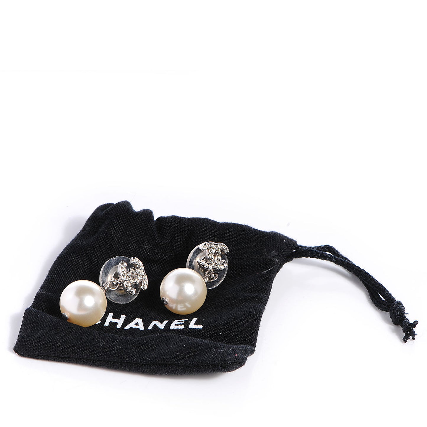 Crystal CC Pearl Dangle Earrings Silver